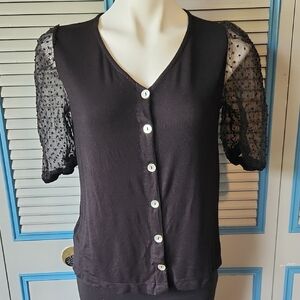 Kim & Cami Black Button-Front Top with Sheer Puff Sleeves